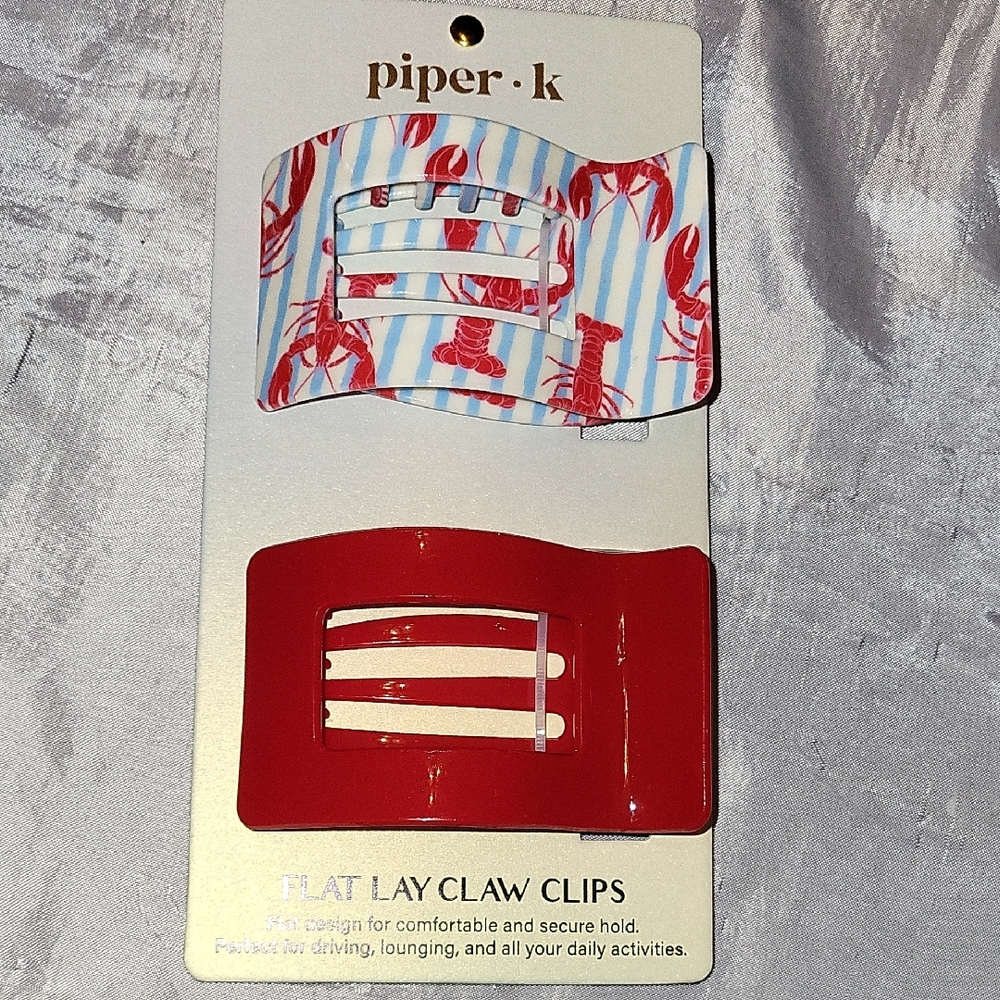 Piper K Red Solid & Blue-Striped Lobster Pattern Claw Clips – 2 Pack Li